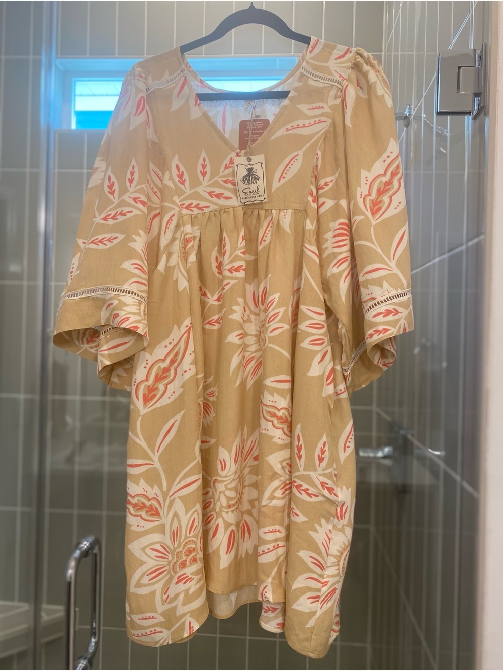 easel Beige Dress with Coral & White Leaf Print